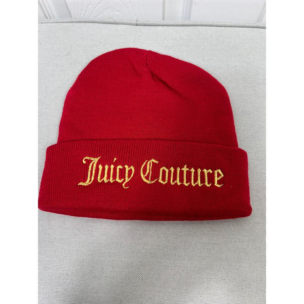 Juicy Couture Red and Gold "Yes Oui Can" Beanie with Black Gift Bag NEW
